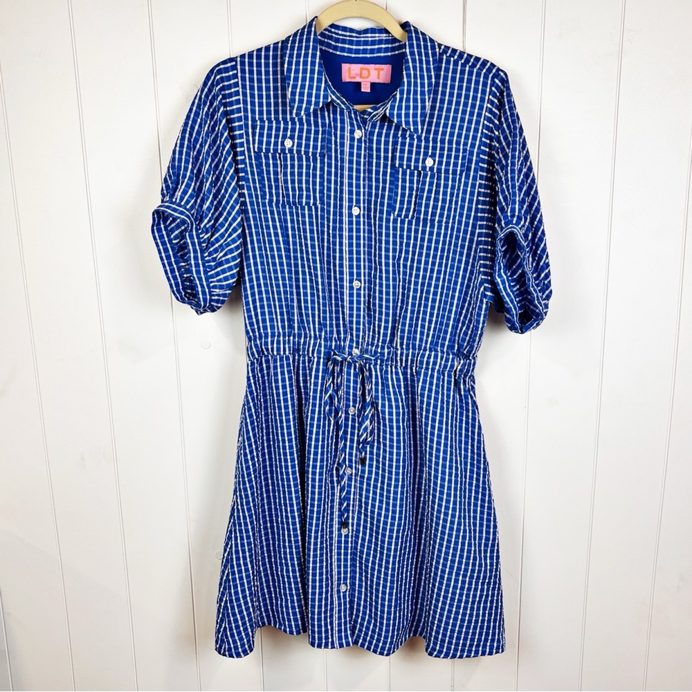 LDT Blue & White Gingham Shirt Dress Women's 6 Preppy Cinched Waist Puff Sleeve